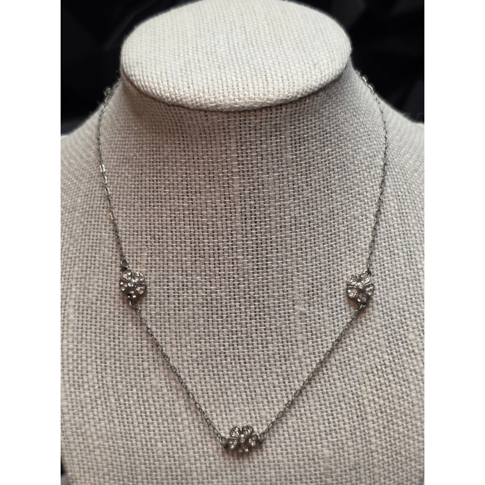 New York & Company Silver Tone Rhinestone Flower Station Necklace 16 Inch